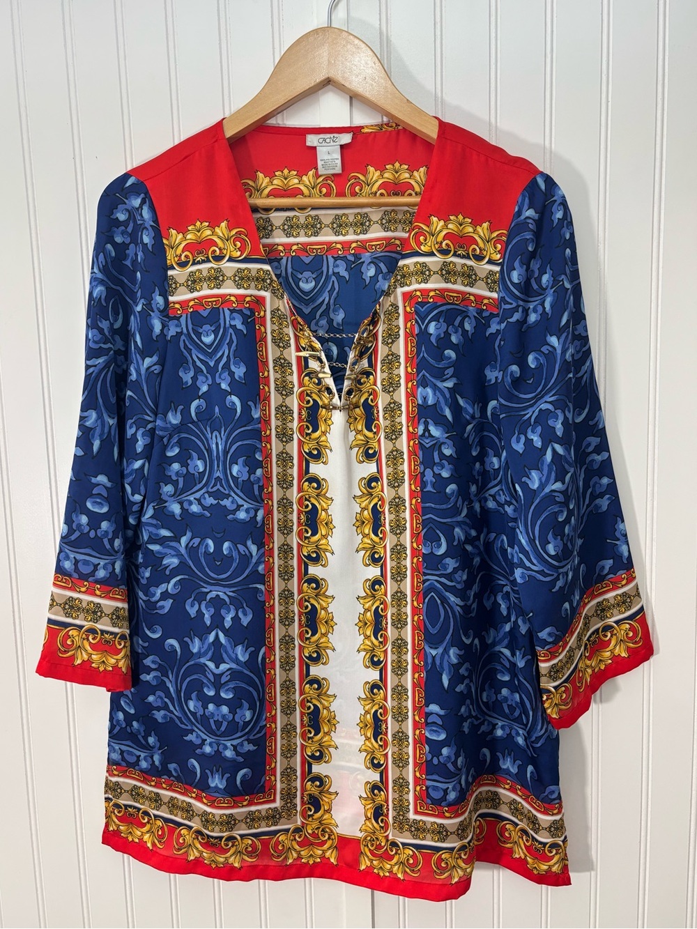 Cache Satin Baroque Print Tunic Blouse Chain Detail Blue Red Gold Size L Resort